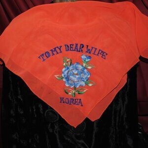 Vintage 1950s-60s "To My Dear Wife" "Korea" Embroidered Orange Scarf with Flower